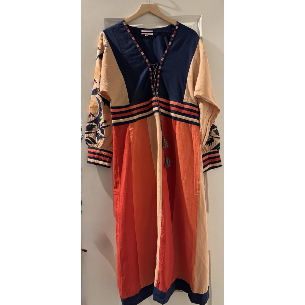 Frisqie Embroidered Maxi Dress L Boho Colorblock Tassel Lace Up Balloon Sleeve